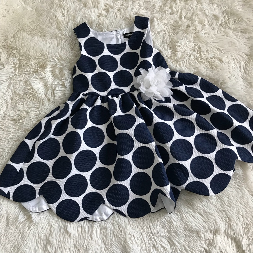 Polka Dot Navy Blue Dress Scallop Trim